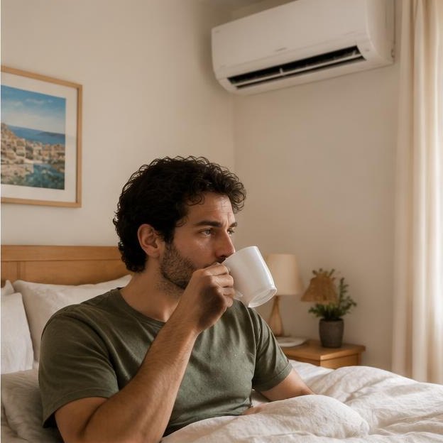 Illustrative editorial image: Person sipping warm water beneath air conditioner in bedroom