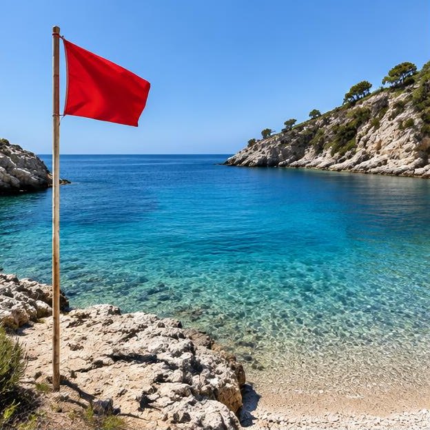 Illustrative editorial image: Empty swimming bay with shoreline warning flag, no readable signs