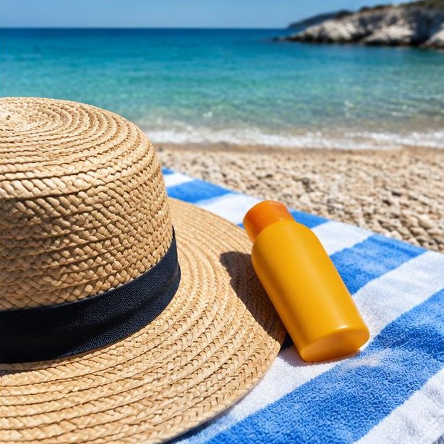 Illustrative editorial image: Sun hat sunscreen and towel on beach, gentle close-up composition
