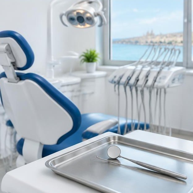 Illustrative editorial image: Modern dental chair and dental mirror in clinic