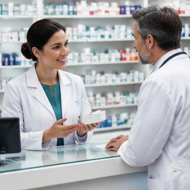 Illustrative editorial image: Pharmacist and doctor discussing at pharmacy counter, no brands
