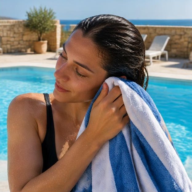 Illustrative editorial image: Swimmer drying ear gently with towel near pool