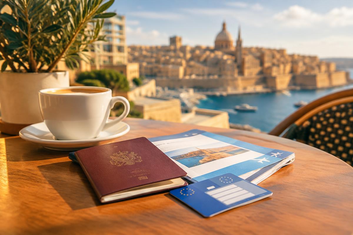 Passport, travel documents and a blue European health card on a café table overlooking Valletta