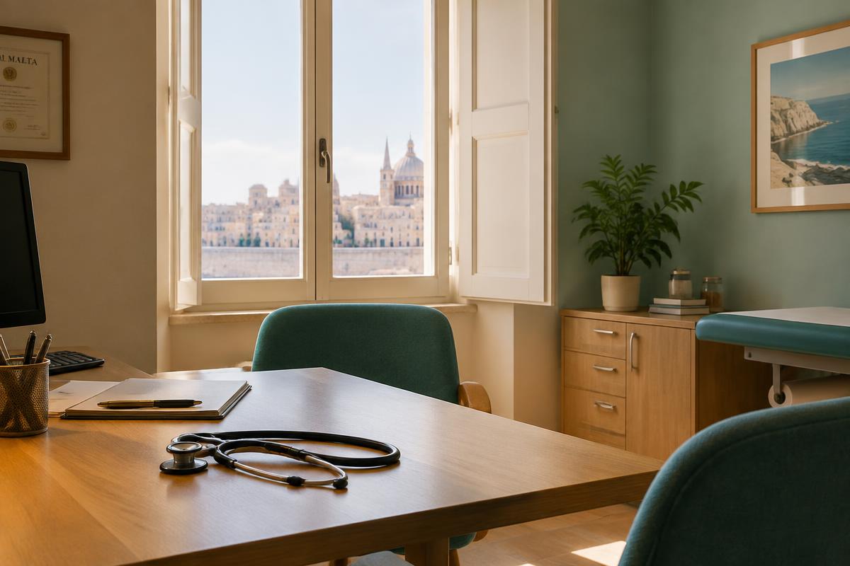 Bright GP consultation room with a stethoscope on a wooden desk and a view of Valletta