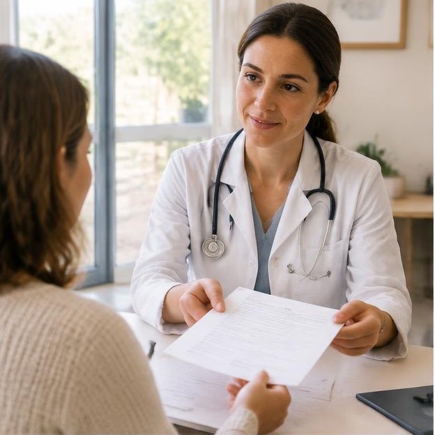Illustrative editorial image: Doctor handing referral paperwork to patient, no readable text