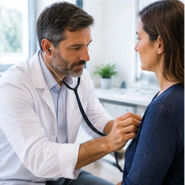 Illustrative editorial image: General practitioner listening to patient with stethoscope