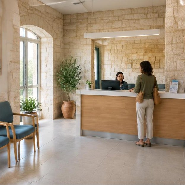 Illustrative editorial image: Unbranded community clinic reception with chairs and limestone walls
