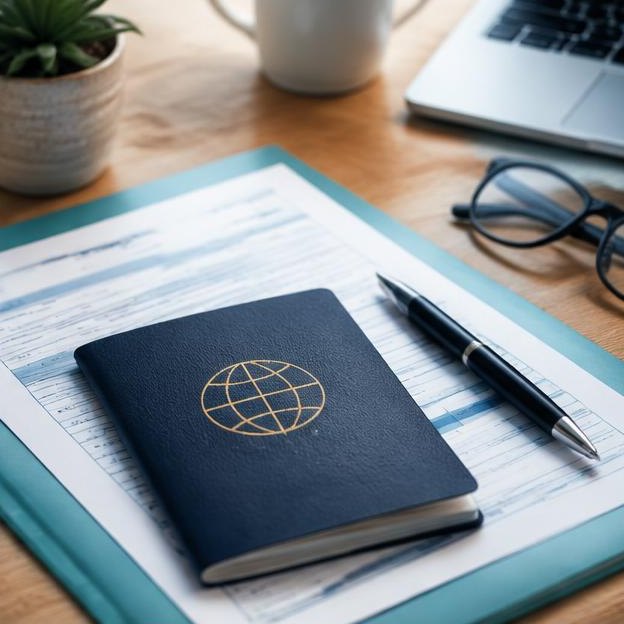 Illustrative editorial image: Insurance paperwork blank pen and passport on desk