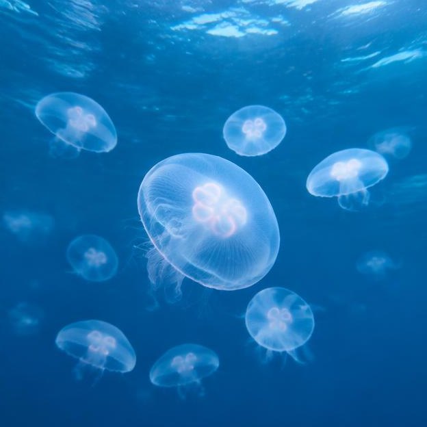Illustrative editorial image: A small jellyfish bloom offshore in clear blue Mediterranean water