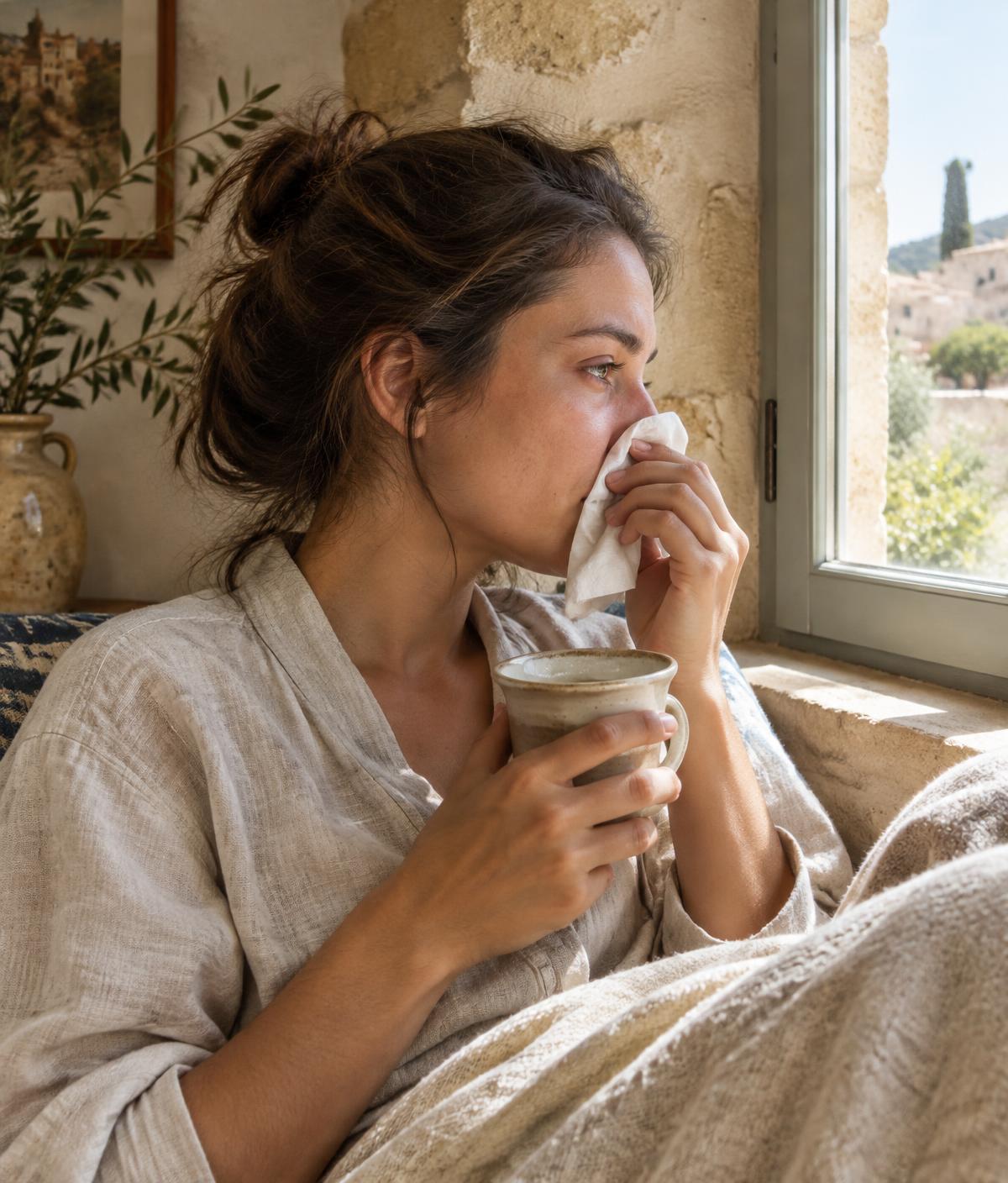 Woman resting by a sunny window wrapped in a blanket while recovering from a cold
