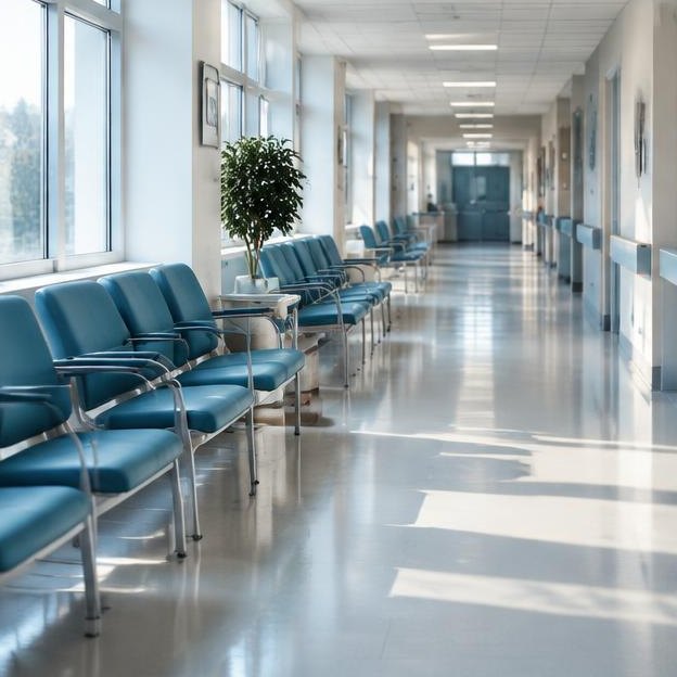 Illustrative editorial image: Unbranded modern hospital corridor, empty waiting chairs, not an identifiable real hospital