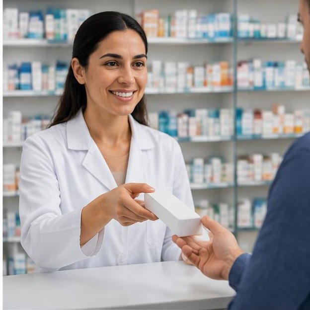 Illustrative editorial image: Pharmacist handing plain medicine box over counter