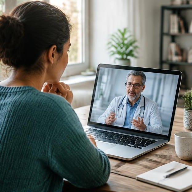 Illustrative editorial image: Person at laptop having a video consultation, doctor on screen