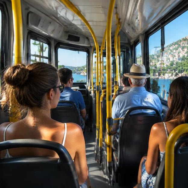 Illustrative editorial image: Passengers inside a modern public bus in Mediterranean summer daylight