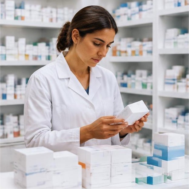 Illustrative editorial image: Pharmacist checking unbranded medicine boxes