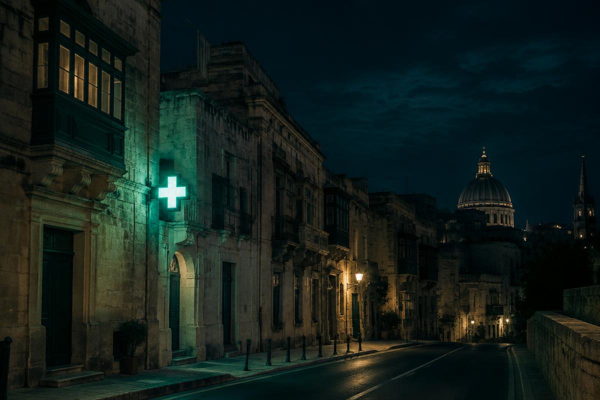 Quiet Maltese street at night lit by a green pharmacy cross