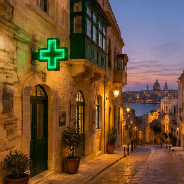 Illustrative editorial image: Green pharmacy cross at dusk on limestone street, distinct facade