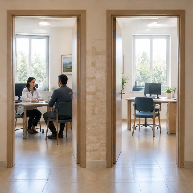 Illustrative editorial image: Two quiet generic consultation rooms viewed through doorway