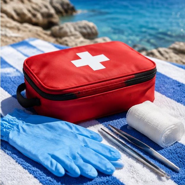 Illustrative editorial image: First aid kit with gloves and tweezers on a beach towel