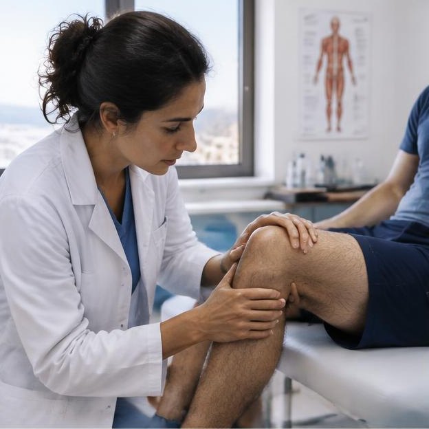 Illustrative editorial image: Specialist examining a knee in clean clinic
