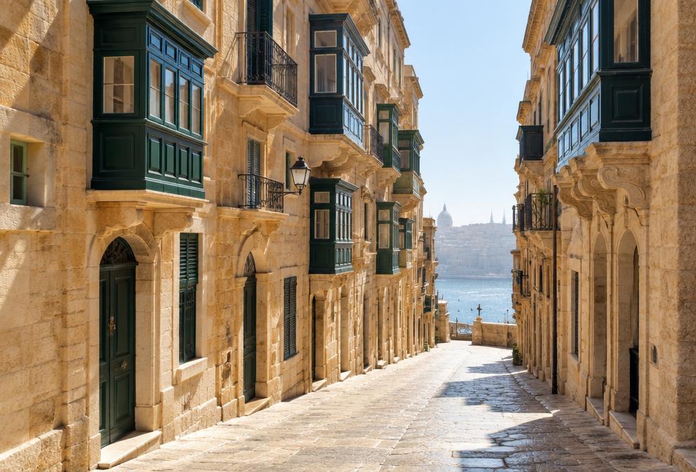 Sunlit limestone street in Valletta on a hot summer day