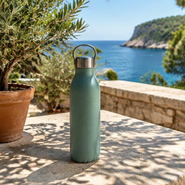 Illustrative editorial image: Refillable water bottle and glass on a shaded limestone terrace