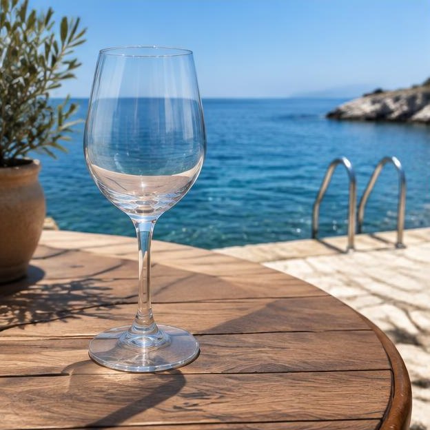 Illustrative editorial image: Untouched wine glass on seaside table with distant swimming ladder