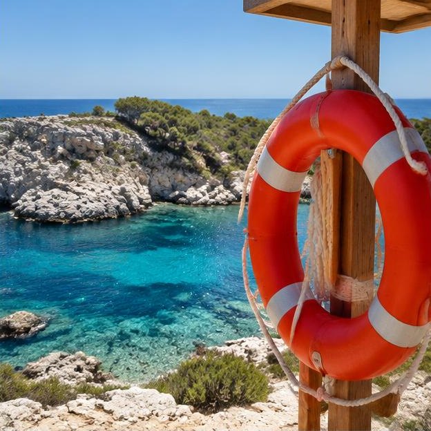 Illustrative editorial image: Lifeguard rescue ring overlooking a bright rocky swimming cove