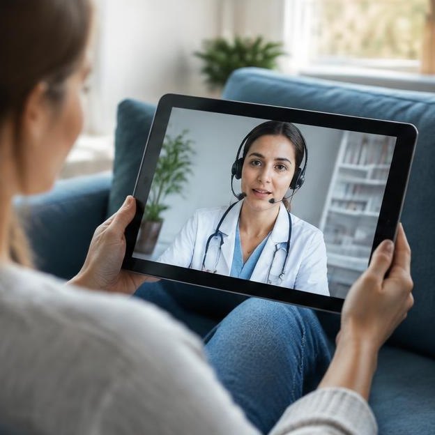 Illustrative editorial image: Doctor on tablet screen with headset, consultation from home