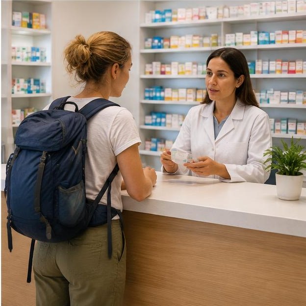 Illustrative editorial image: Tourist asking pharmacist a question inside Mediterranean pharmacy