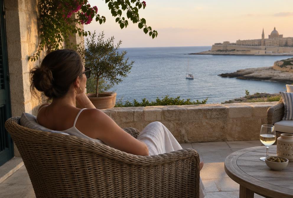 Traveller resting in the shade on a Maltese terrace