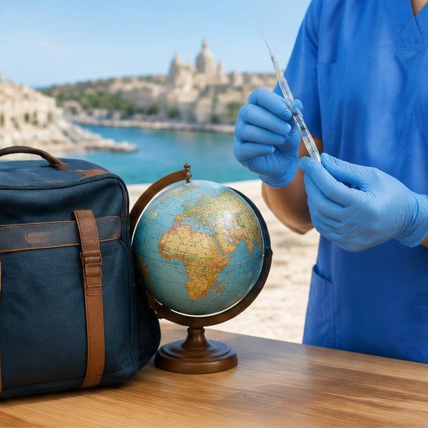 Illustrative editorial image: Travel bag globe and nurse gloved hand holding syringe