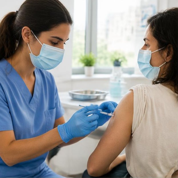 Illustrative editorial image: Nurse preparing vaccination with patient arm and travel bag
