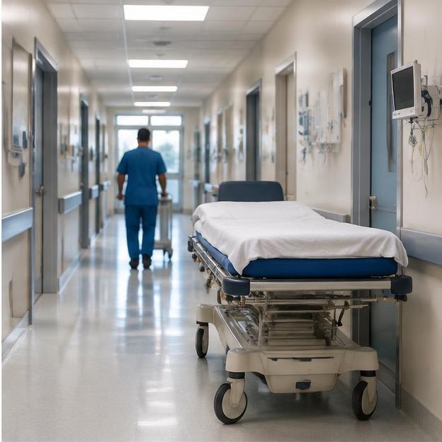 Illustrative editorial image: Unbranded emergency department entrance and stretcher, no readable text